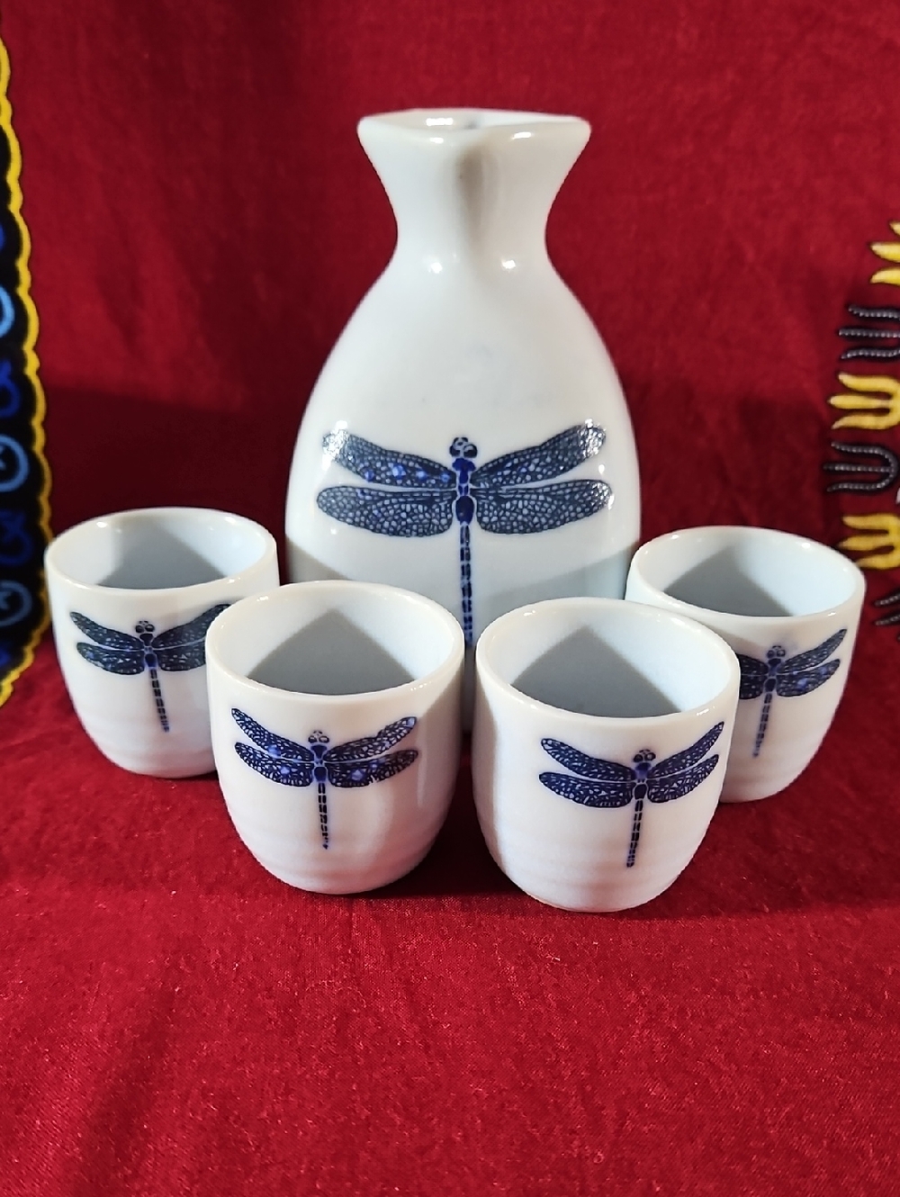 Traditional Kotobuki Vintage Japanese Blue Dragonfly Ceramic Sake Set (5-Piece)